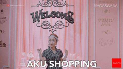 Woman With Welcome Aku Shopping Sign GIF