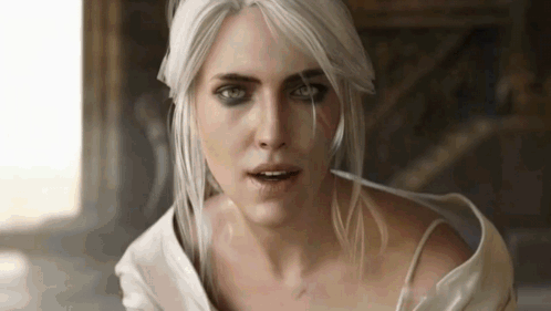 Woman With White Hair And Green Eyes In White Shirt GIF