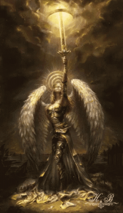 Woman With Wings Holding Sword And Halo GIF