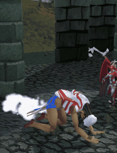 Woman With Wings Kneeling Before Skeleton In Video Game GIF