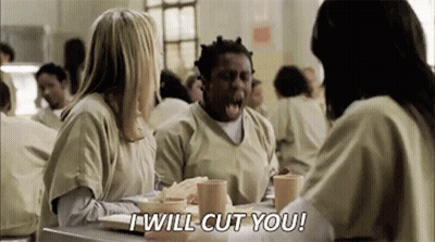 Women At Table Saying I Will Cut You GIF