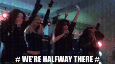 Women Dancing Arms Up Saying We're Halfway There GIF