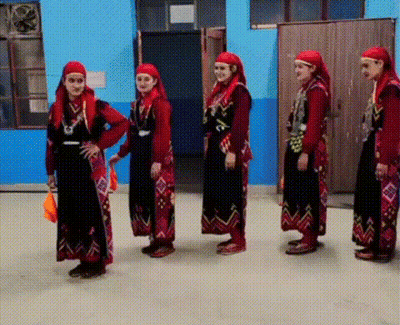 Women In Traditional Clothes Standing In A Row GIF