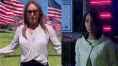 Women In White Shirt, Jacket With American Flags GIF