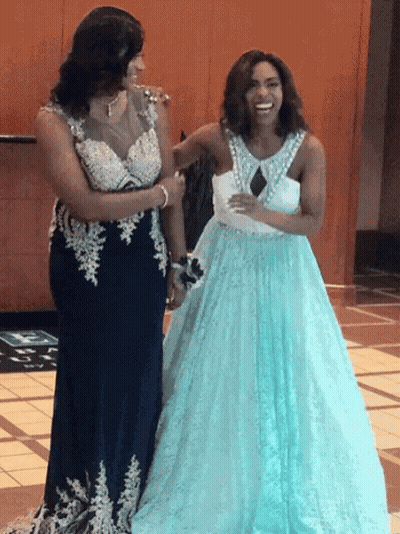 Women Laughing In Blue And White Dress GIF