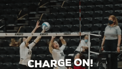 Women Playing Volleyball With Charge Sign GIF