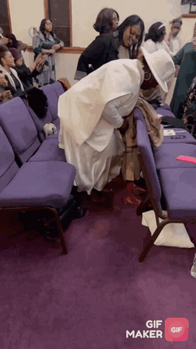 Women Sitting In Purple Chairs In Church GIF