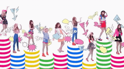 Women Standing On Colorful Striped Pillars With Beep Bubbles GIF