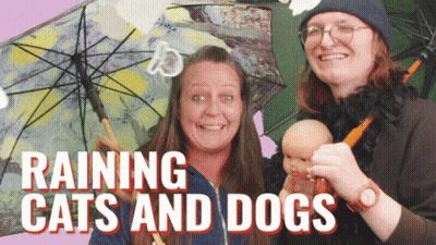 Women With Umbrella Doll Raining Cats And Dogs GIF