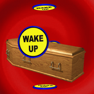 Wooden Coffin With Wake Up Sign GIF