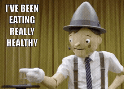 Wooden Puppet I've Been Eating Healthy Pointing GIF