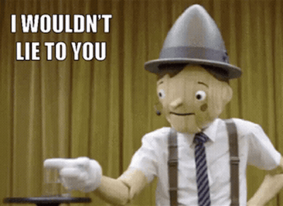 Wooden Puppet Saying I Wouldn't Lie GIF