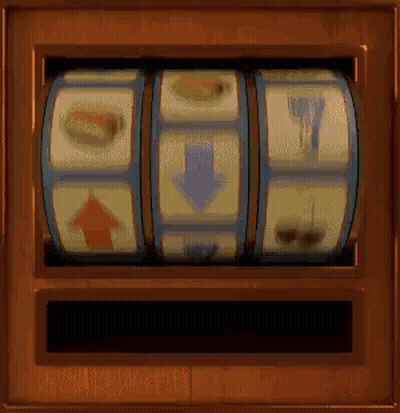 Wooden Slot Machine With Blue Arrow Pointing Down GIF