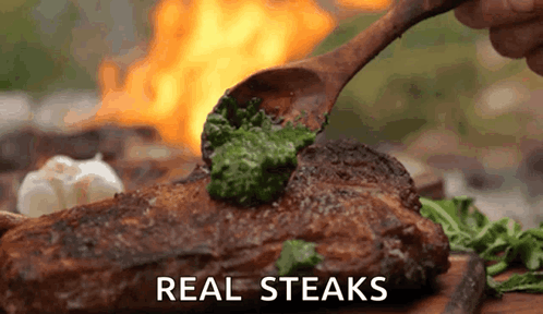 Wooden Spoon Spreading Pesto On Steak GIF