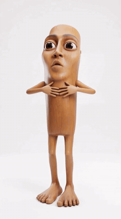 Wooden Statue Man With Big Eyes And Legs GIF
