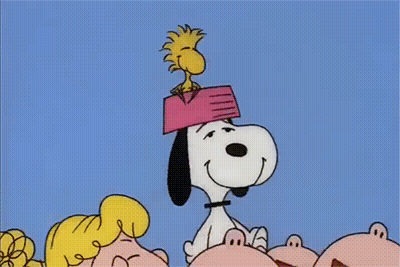 Woodstock Is Sitting On Top Of Snoopy 'S Hat GIF