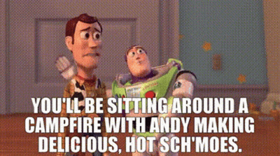 Woody And Buzz Lightyear Are Sitting Around A Campfire With Andy Making Delicious Hot Sch 'Moes . GIF