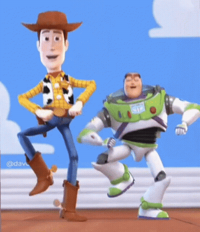 Woody And Buzz Lightyear From Toy Story Are Dancing Together In A Room . GIF