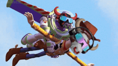 Woody And Buzz Lightyear From Toy Story Are Flying Through The Air GIF