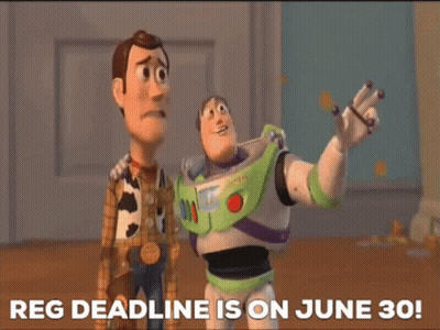 Woody And Buzz Lightyear From Toy Story Are Standing Next To Each Other And Talking About The Reg Deadline Is On June 30 GIF