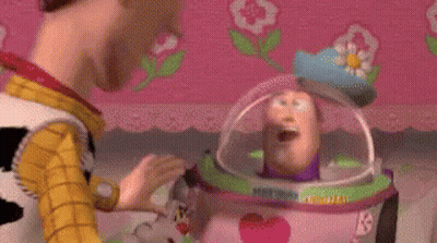 Woody And Buzz Lightyear From Toy Story Are Standing Next To Each Other In A Room . GIF