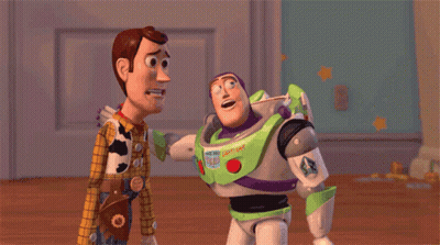 Woody And Buzz Lightyear From Toy Story Are Standing Next To Each Other On The Floor GIF
