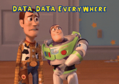 Woody And Buzz Lightyear From Toy Story Standing Next To Each Other With The Words Data Data Everywhere Above Them GIF
