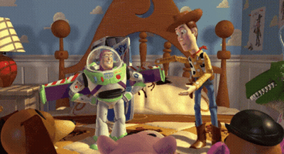 Woody And Buzz Lightyear Standing In Bedroom GIF