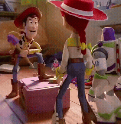Woody And Jessie Standing In Toy Story Scene GIF