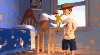 Woody From Toy Story Holding Wooden Cross in Bedroom