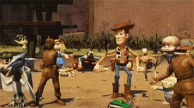 Woody From Toy Story In Field With Toy Soldiers GIF