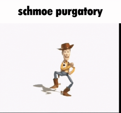 Woody From Toy Story Is Dancing With His Arms In The Air And The Words Schmoe Purgatory . GIF