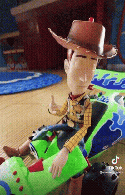 Woody From Toy Story Is Giving A Thumbs Up While Sitting On Buzz Lightyear 'S Toy Car . GIF