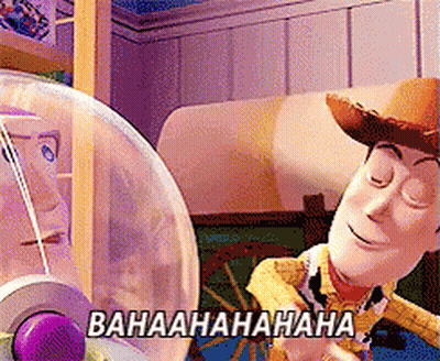 Woody From Toy Story Is Laughing While Looking At Buzz Lightyear GIF