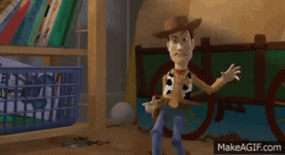 Woody From Toy Story Is Standing In A Room Holding A Gun And A Guitar . GIF