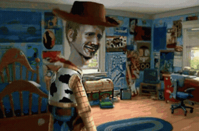 Woody From Toy Story Is Standing In A Room With Posters On The Walls GIF