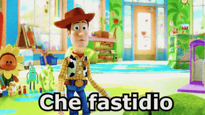 Woody From Toy Story Is Standing In A Room With The Words Che Fastidio Written Above Him GIF