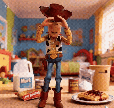 Woody From Toy Story Is Standing In Front Of A Bottle Of Milk GIF