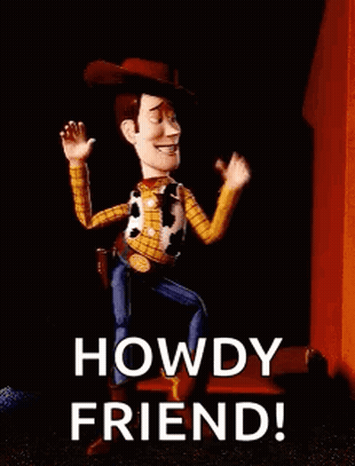 Woody From Toy Story Is Standing In Front Of A Door And Pointing . GIF