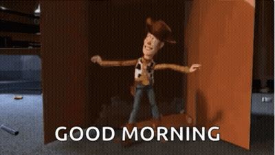 Woody From Toy Story Is Standing In Front Of A Door With The Words `` Good Morning '' . GIF