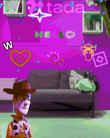 Woody From Toy Story Is Standing In Front Of A Purple Wall That Says Ta Da Hello GIF