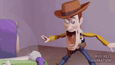 Woody From Toy Story Is Standing Next To Buzz Lightyear In A Room With His Mouth Open . GIF