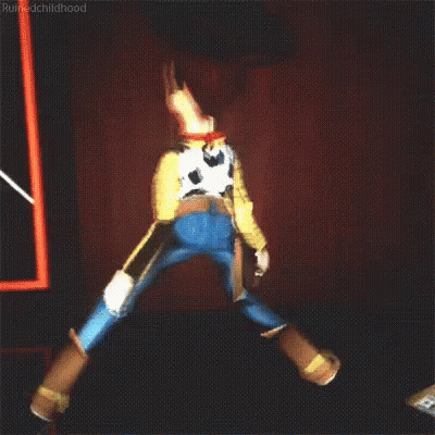 Woody From Toy Story Is Standing On His Hind Legs In A Dark Room . GIF