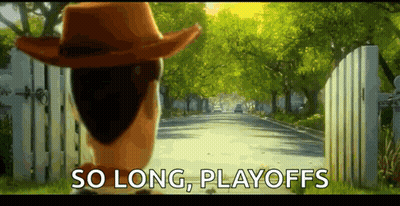Woody From Toy Story Is Walking Down A Street With The Words So Long Playoffs Written On The Bottom . GIF