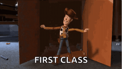 Woody From Toy Story Standing In Front Of First Class Door GIF