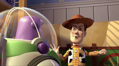 Woody From Toy Story Standing Next To Buzz Lightyear In A Room GIF