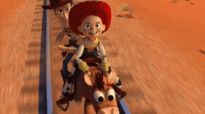 Woody , Jessie , And Bullseye From Toy Story Are Riding A Roller Coaster Together . GIF