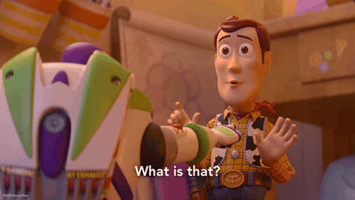Woody Pointing At Buzz Lightyear Saying What Is That GIF