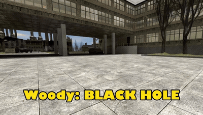 Woody 'S Black Hole Is Written In Yellow Letters On A Tiled Floor GIF