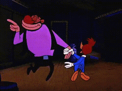 Woody Woodpecker Is Standing Next To A Man In A Purple Shirt And Pointing . GIF